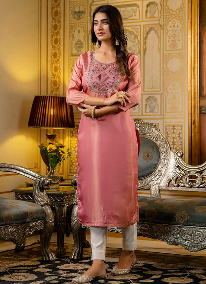 Shimmer Silk Baby Pink Casual Wear Embroidery Work Readymade Kurti 383437