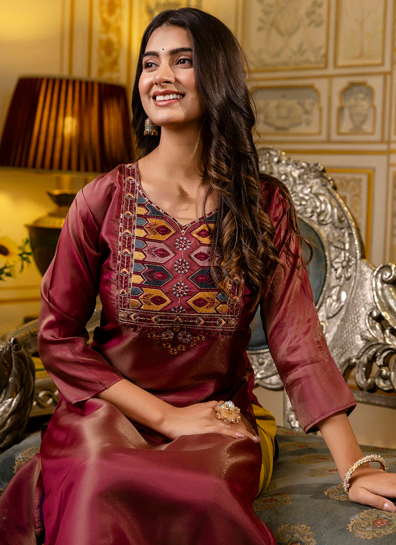 Shimmer Silk Brown Casual Wear Embroidery Work Readymade Kurti 383438