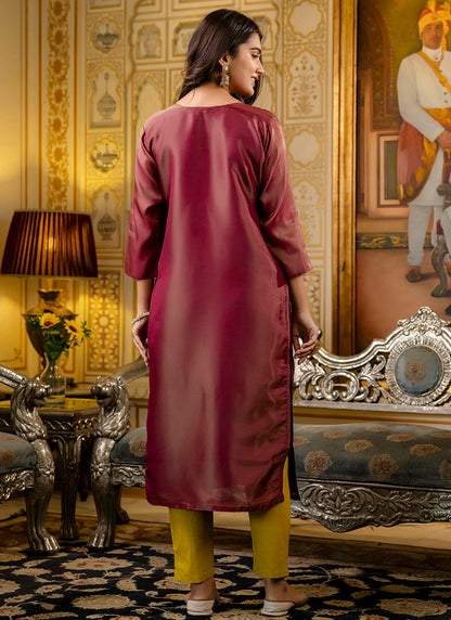 Shimmer Silk Brown Casual Wear Embroidery Work Readymade Kurti 383438