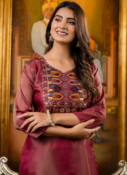 Shimmer Silk Brown Casual Wear Embroidery Work Readymade Kurti 383438