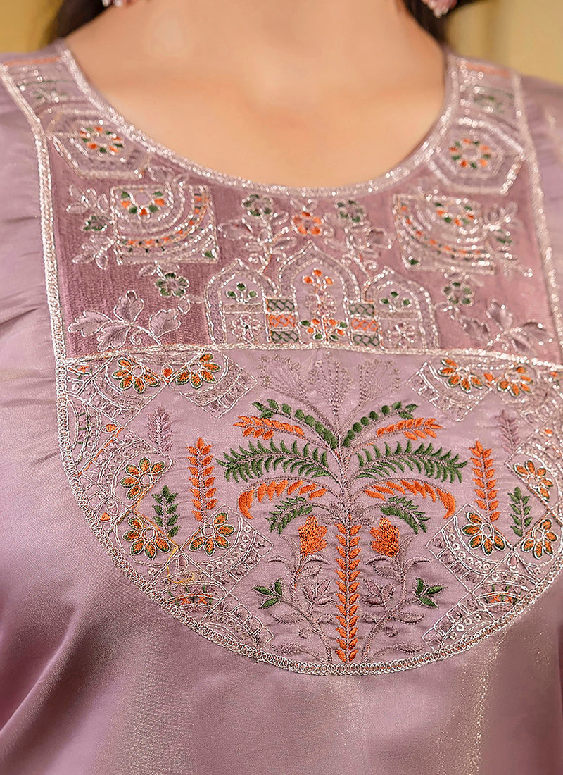 Shimmer Silk Lavender Casual Wear Embroidery Work Readymade Kurti 383439