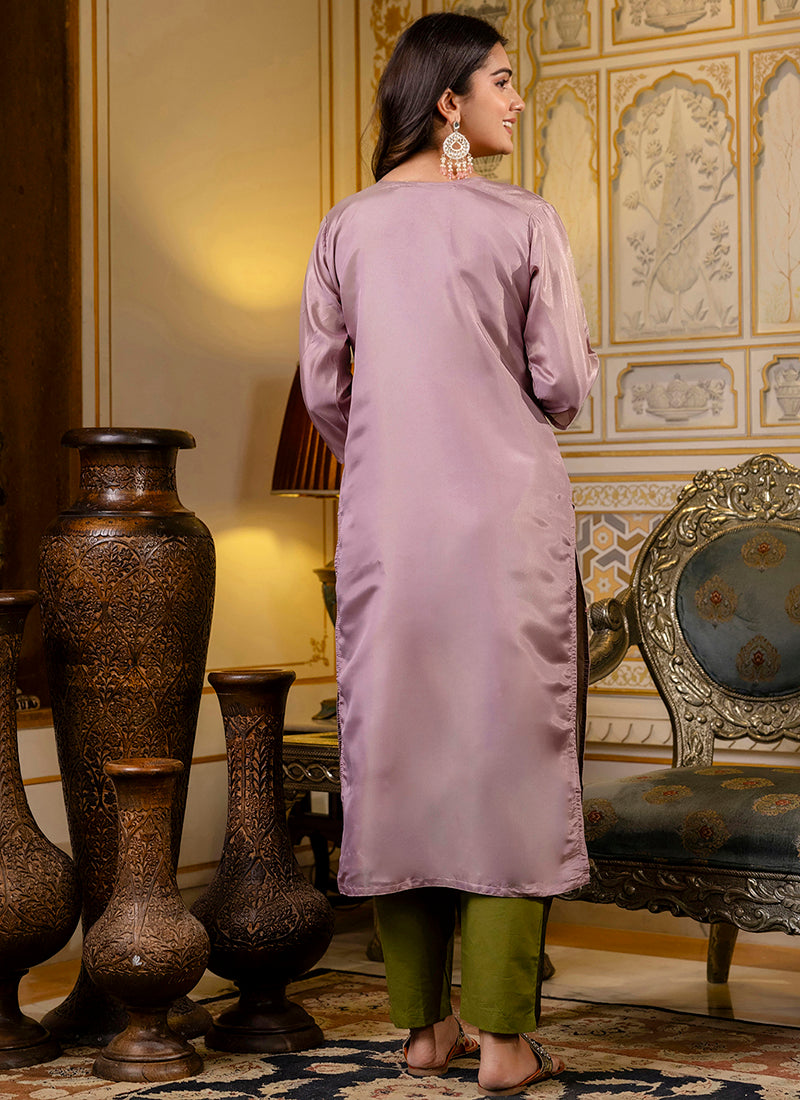 Shimmer Silk Lavender Casual Wear Embroidery Work Readymade Kurti 383439