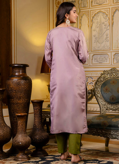 Shimmer Silk Lavender Casual Wear Embroidery Work Readymade Kurti 383439