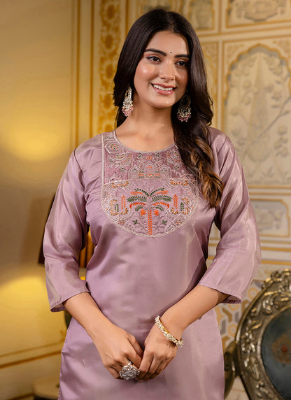 Shimmer Silk Lavender Casual Wear Embroidery Work Readymade Kurti 383439