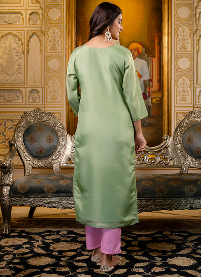 Shimmer Silk Pista Casual Wear Embroidery Work Readymade Kurti 383440