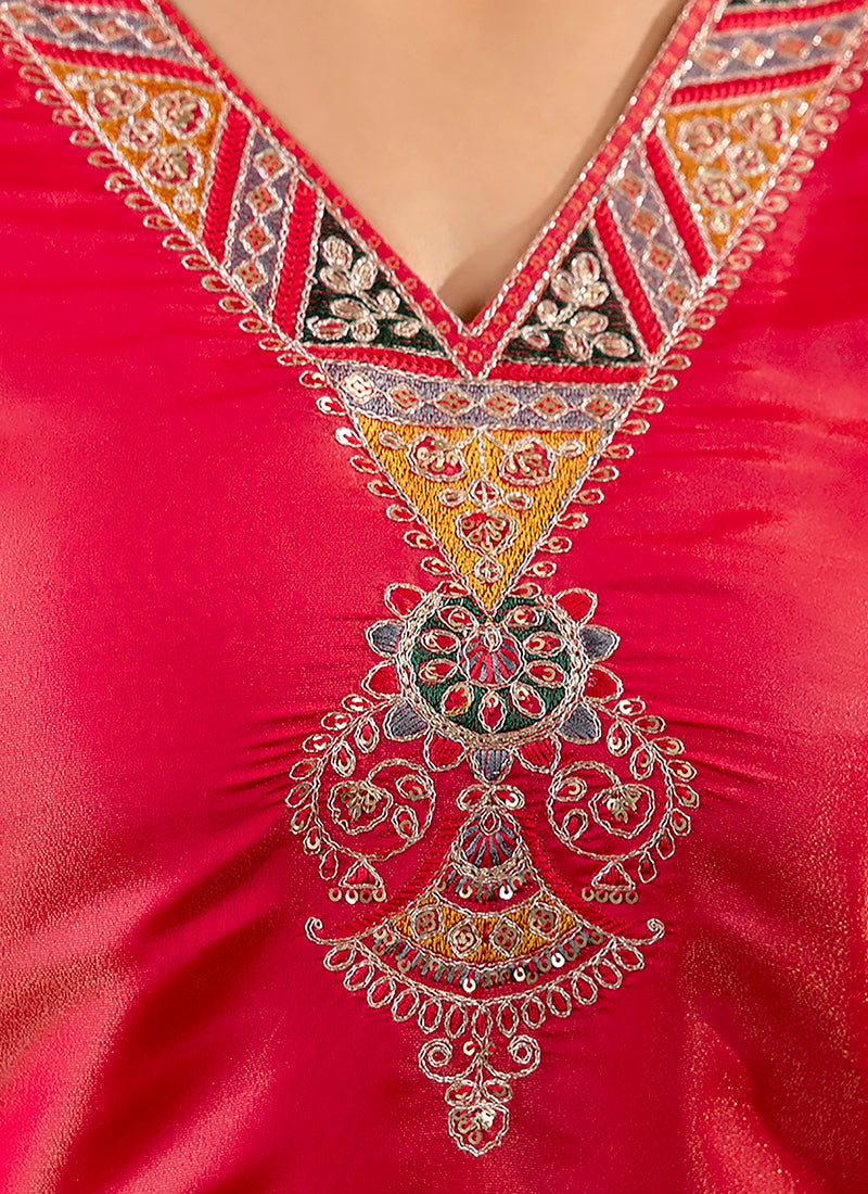 Shimmer Silk Rani Casual Wear Embroidery Work Readymade Kurti 383441