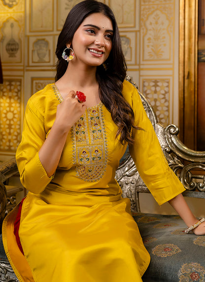 Shimmer Silk Mustard Casual Wear Embroidery Work Readymade Kurti 383444