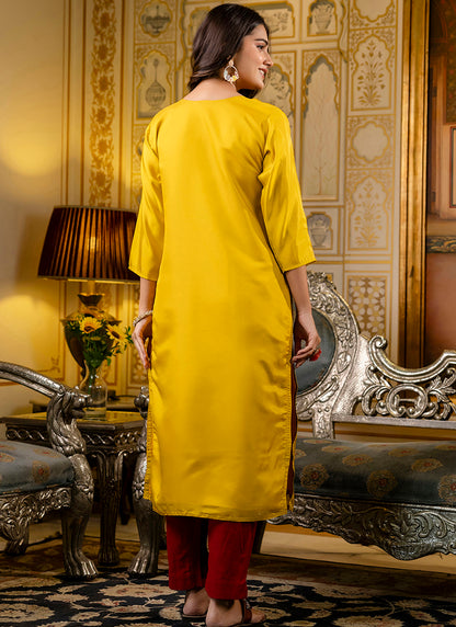 Shimmer Silk Mustard Casual Wear Embroidery Work Readymade Kurti 383444