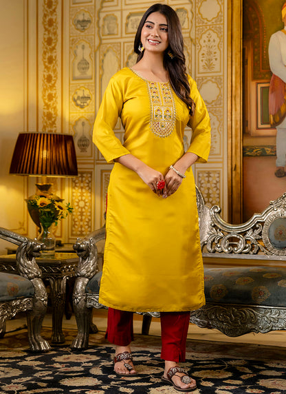 Shimmer Silk Mustard Casual Wear Embroidery Work Readymade Kurti 383444