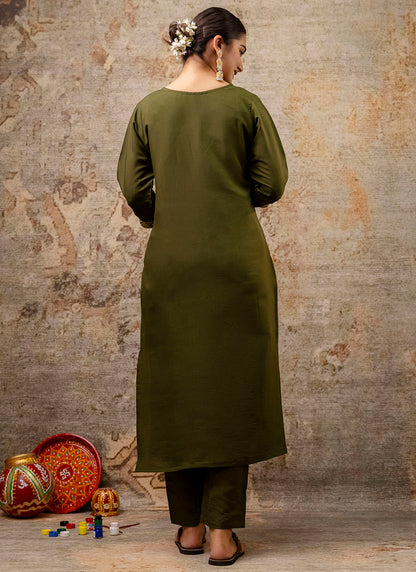 Silk Blend Mehendi Festive Wear Embroidery Work Readymade Kurti Pant With Dupatta 382081