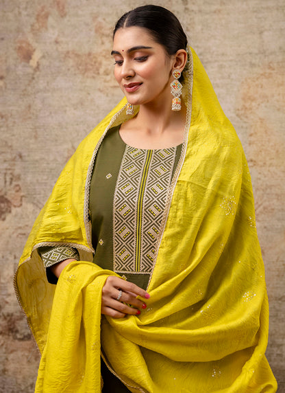 Silk Blend Mehendi Festive Wear Embroidery Work Readymade Kurti Pant With Dupatta 382081