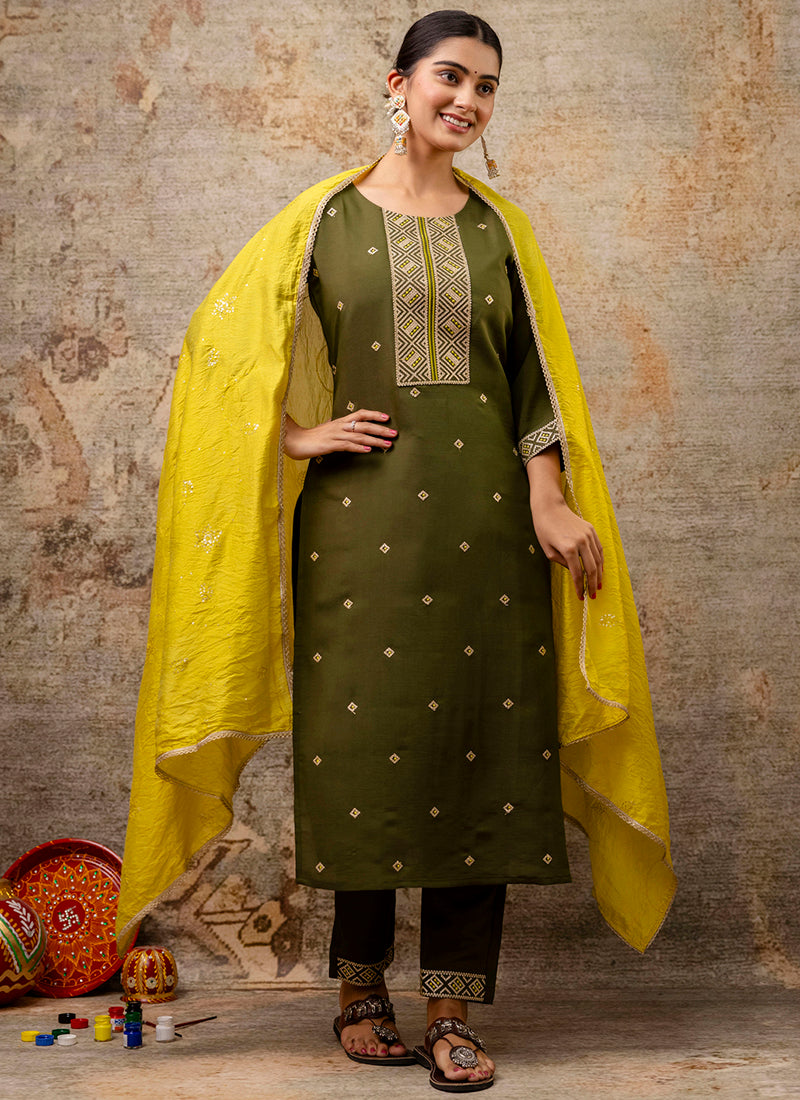 Silk Blend Mehendi Festive Wear Embroidery Work Readymade Kurti Pant With Dupatta 382081