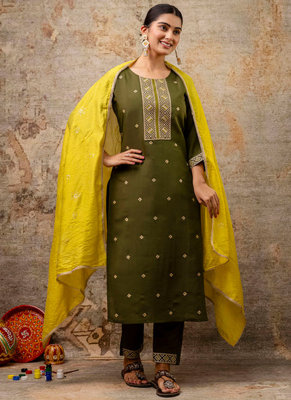 Silk Blend Mehendi Festive Wear Embroidery Work Readymade Kurti Pant With Dupatta 382081