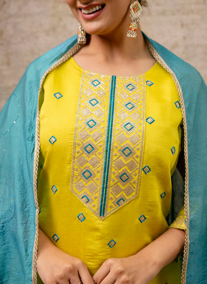 Silk Blend Yellow Festive Wear Embroidery Work Readymade Kurti Pant With Dupatta 382083