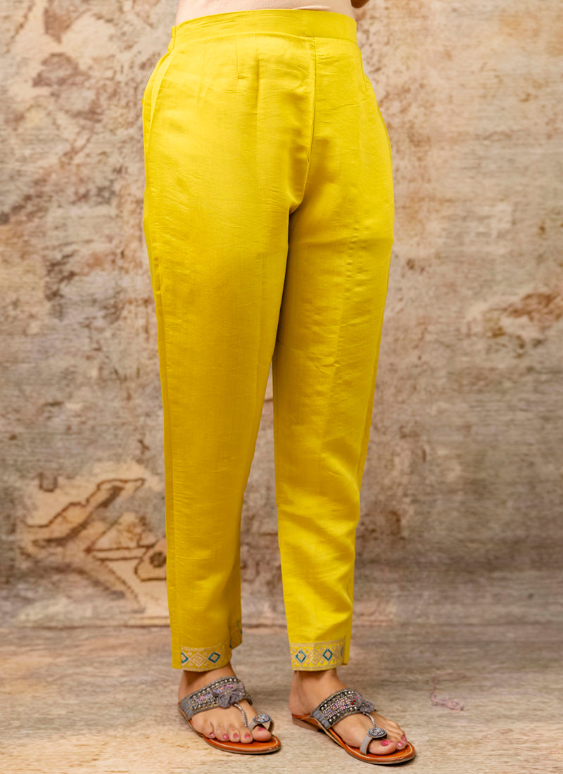 Silk Blend Yellow Festive Wear Embroidery Work Readymade Kurti Pant With Dupatta 382083