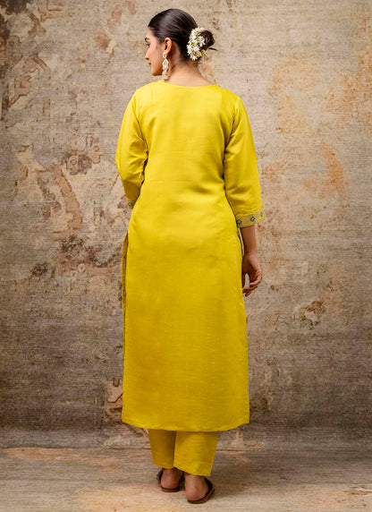 Silk Blend Yellow Festive Wear Embroidery Work Readymade Kurti Pant With Dupatta 382083