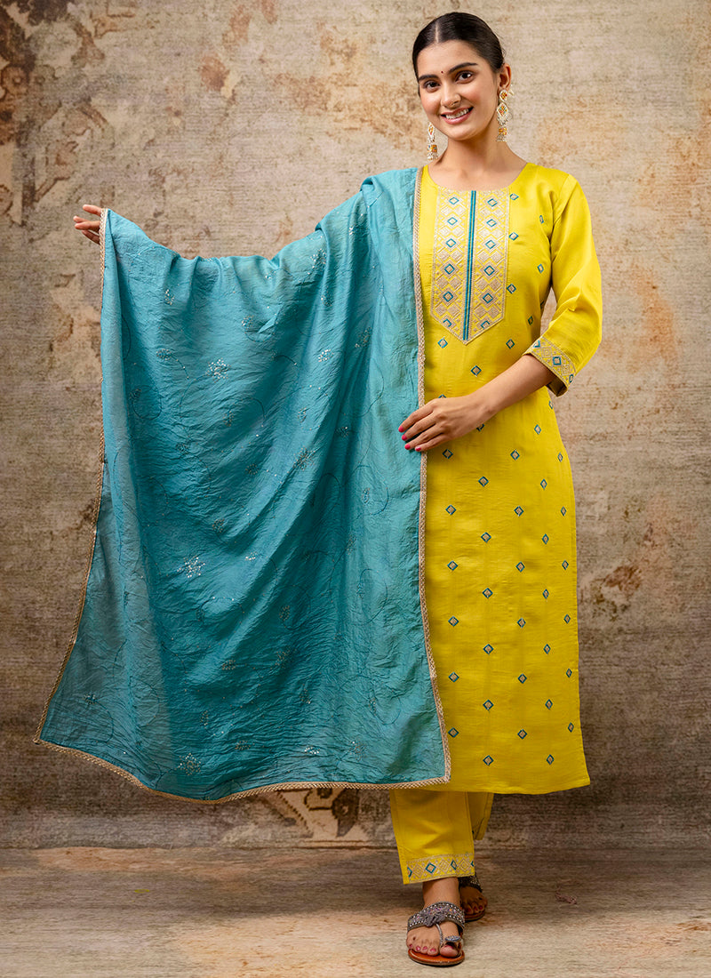 Silk Blend Yellow Festive Wear Embroidery Work Readymade Kurti Pant With Dupatta 382083