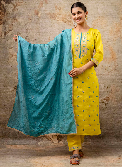Silk Blend Yellow Festive Wear Embroidery Work Readymade Kurti Pant With Dupatta 382083