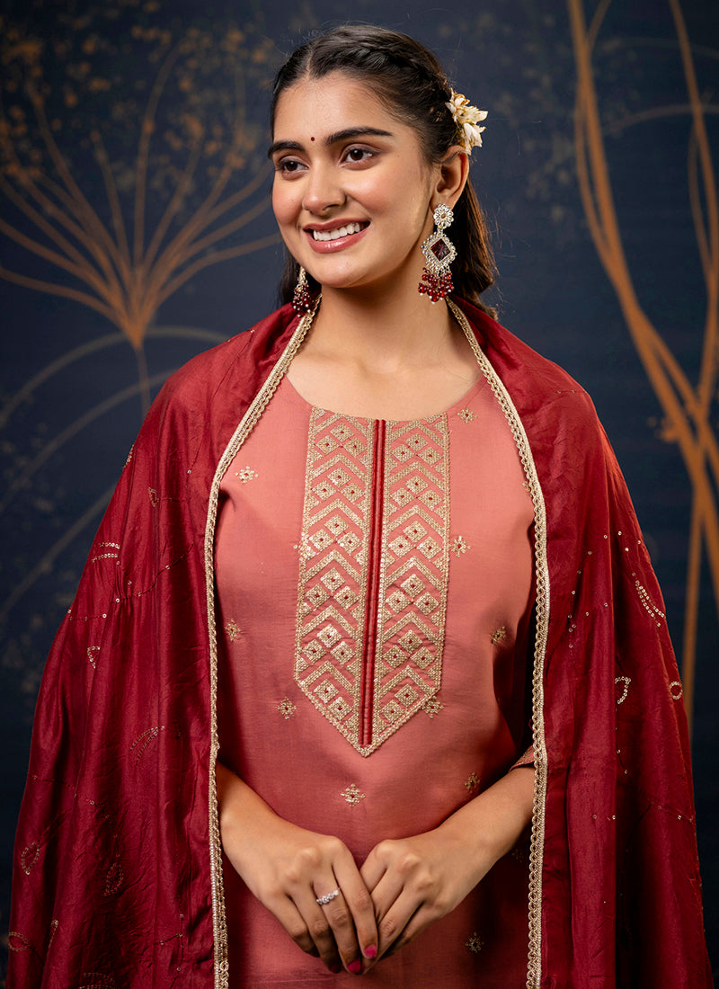 Silk Blend Peach Festive Wear Embroidery Work Readymade Kurti Pant With Dupatta 382084