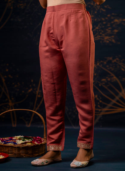 Silk Blend Peach Festive Wear Embroidery Work Readymade Kurti Pant With Dupatta 382084