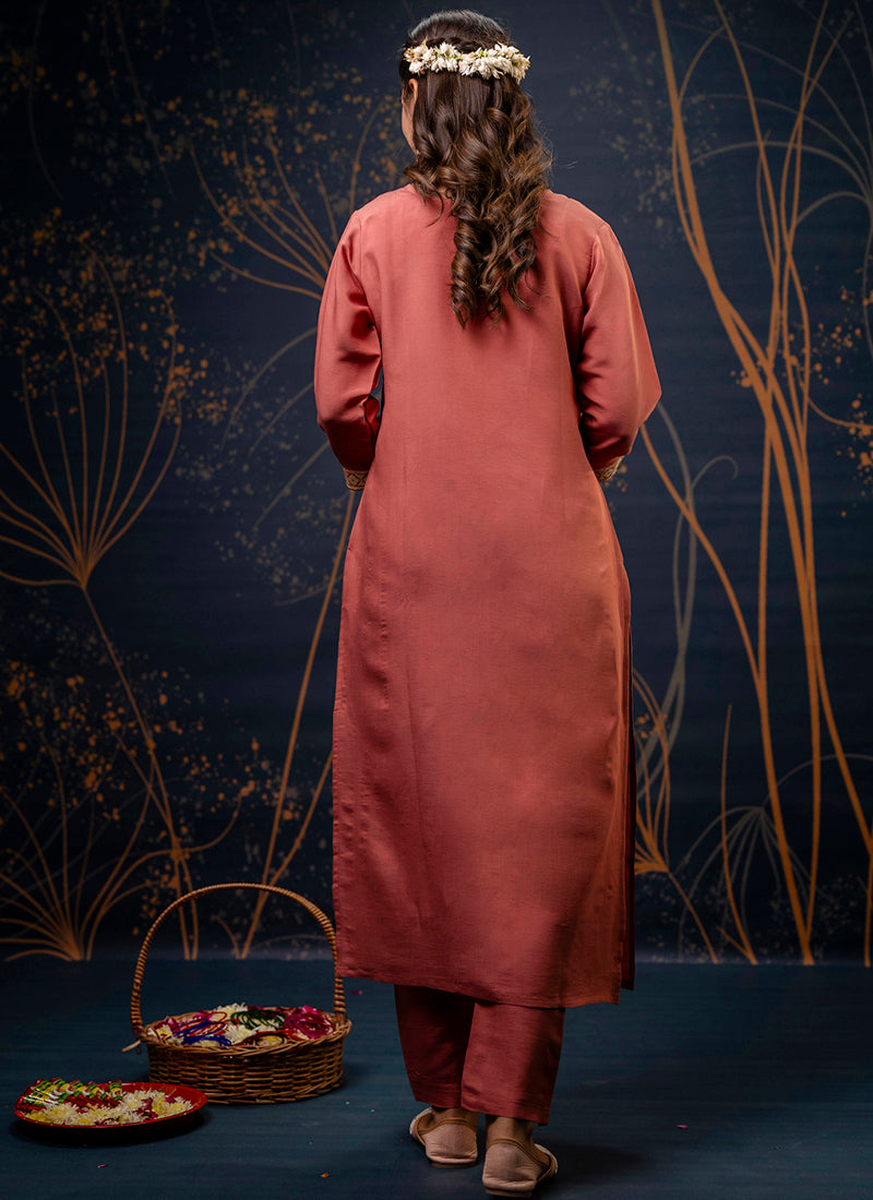 Silk Blend Peach Festive Wear Embroidery Work Readymade Kurti Pant With Dupatta 382084