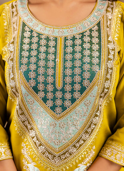 Viscose Yellow Festival Wear Embroidery Work Readymade Kurti Pant With Dupatta 381042