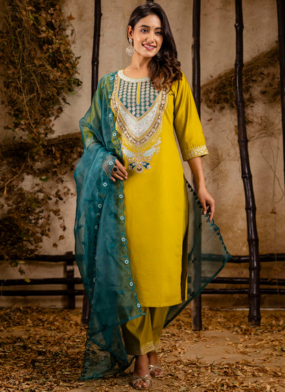 Viscose Yellow Festival Wear Embroidery Work Readymade Kurti Pant With Dupatta 381042