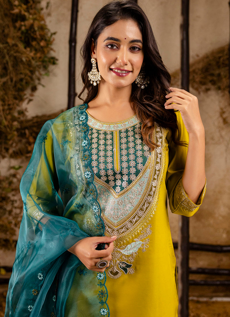 Viscose Yellow Festival Wear Embroidery Work Readymade Kurti Pant With Dupatta 381042