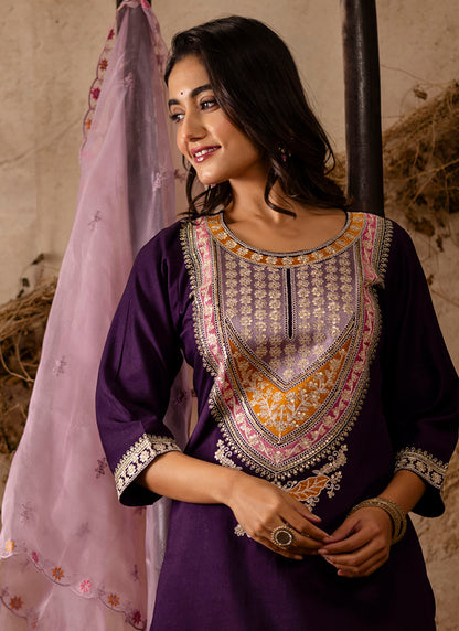 Viscose Wine Festival Wear Embroidery Work Readymade Kurti Pant With Dupatta 381043