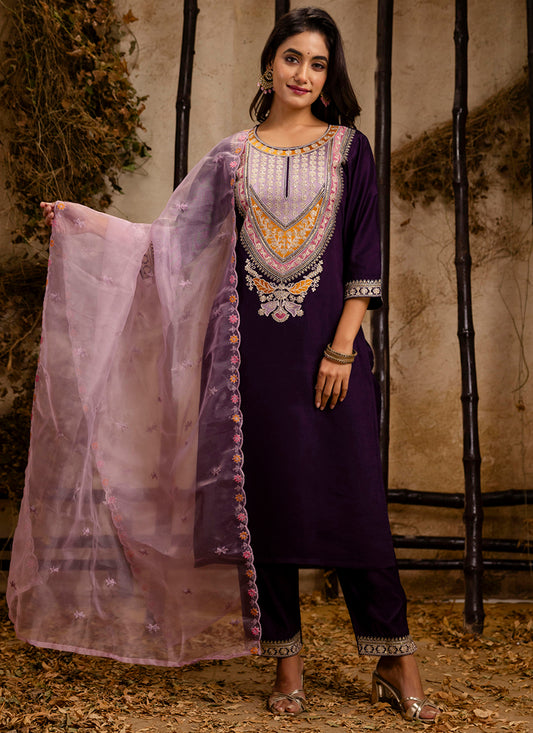 Viscose Wine Festival Wear Embroidery Work Readymade Kurti Pant With Dupatta 381043