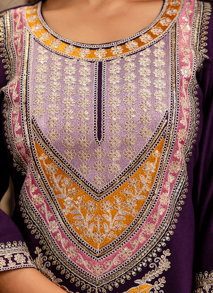 Viscose Wine Festival Wear Embroidery Work Readymade Kurti Pant With Dupatta 381043