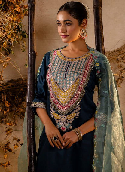 Viscose Teal Festival Wear Embroidery Work Readymade Kurti Pant With Dupatta 381044