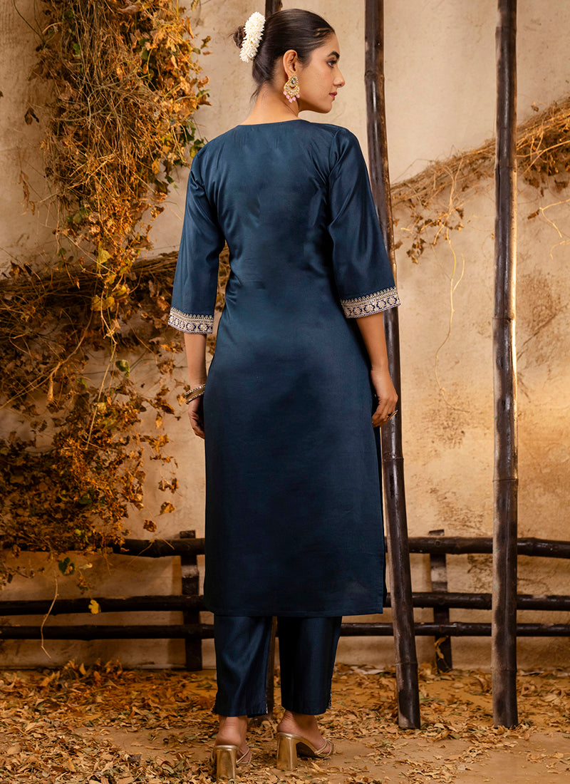 Viscose Teal Festival Wear Embroidery Work Readymade Kurti Pant With Dupatta 381044