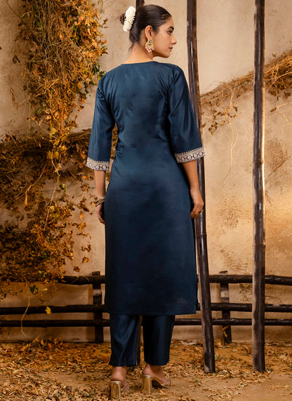 Viscose Teal Festival Wear Embroidery Work Readymade Kurti Pant With Dupatta 381044