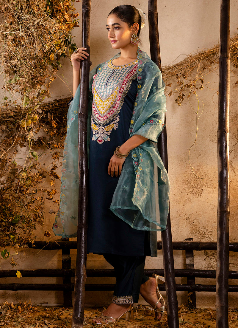 Viscose Teal Festival Wear Embroidery Work Readymade Kurti Pant With Dupatta 381044