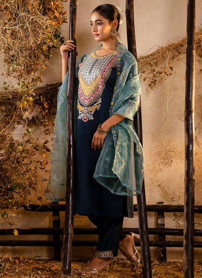 Viscose Teal Festival Wear Embroidery Work Readymade Kurti Pant With Dupatta 381044