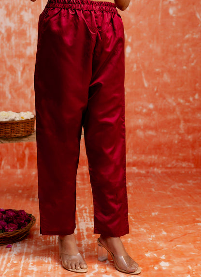 Cotton Silk Blend Red Party Wear Zari Work Readymade Kurti Pant With Dupatta 380493