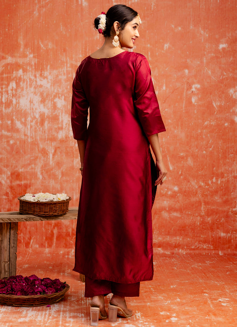 Cotton Silk Blend Red Party Wear Zari Work Readymade Kurti Pant With Dupatta 380493