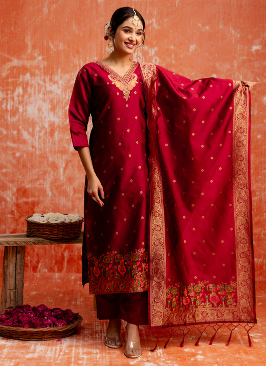 Cotton Silk Blend Red Party Wear Zari Work Readymade Kurti Pant With Dupatta 380493