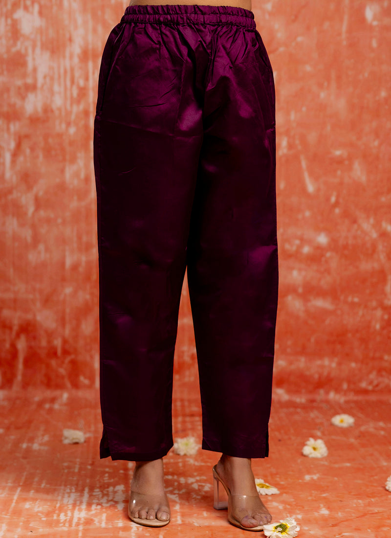 Cotton Silk Blend Wine Party Wear Zari Work Readymade Kurti Pant With Dupatta 380494