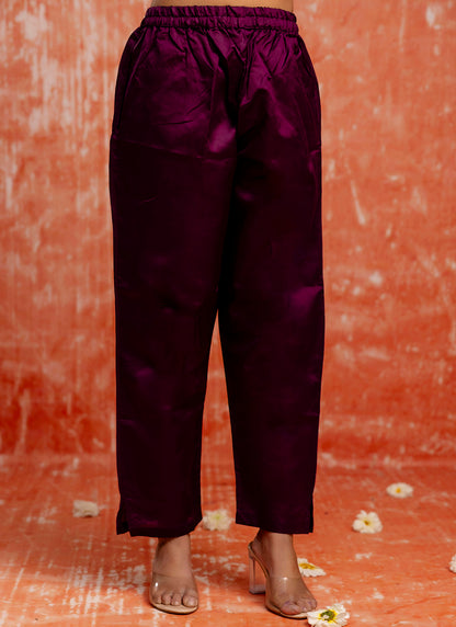 Cotton Silk Blend Wine Party Wear Zari Work Readymade Kurti Pant With Dupatta 380494