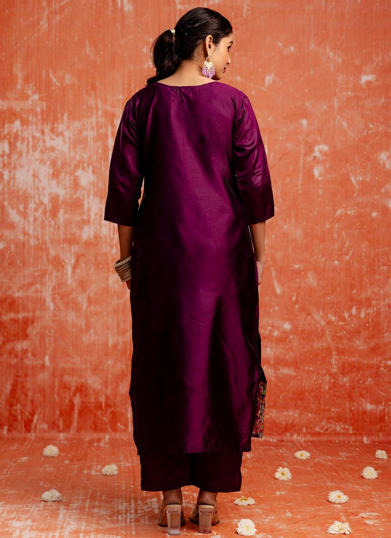 Cotton Silk Blend Wine Party Wear Zari Work Readymade Kurti Pant With Dupatta 380494