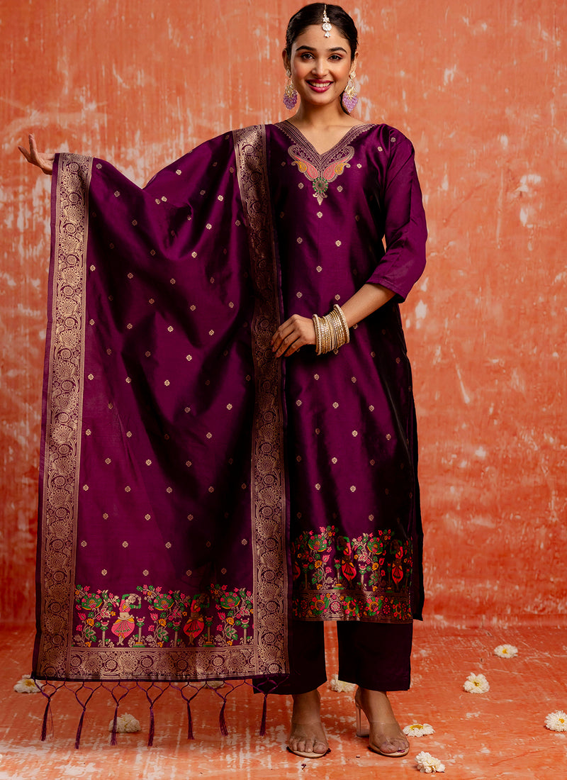 Cotton Silk Blend Wine Party Wear Zari Work Readymade Kurti Pant With Dupatta 380494