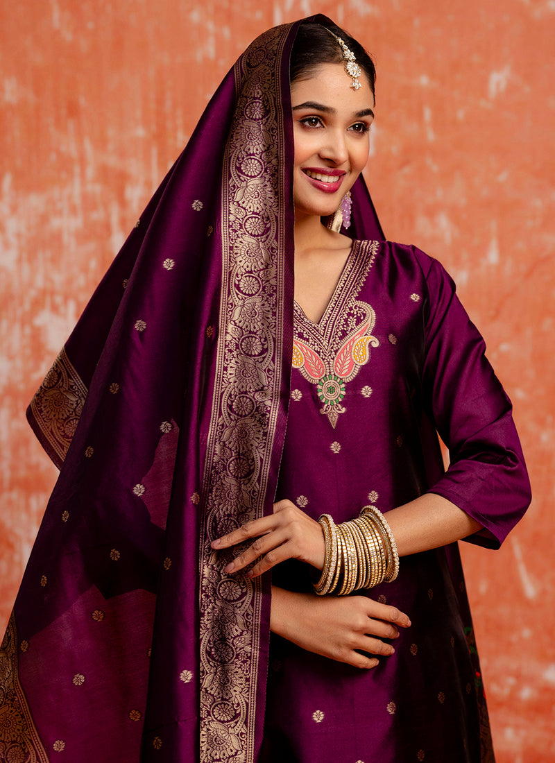 Cotton Silk Blend Wine Party Wear Zari Work Readymade Kurti Pant With Dupatta 380494