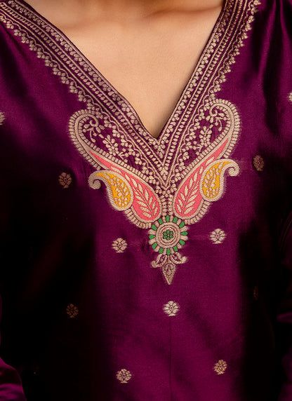 Cotton Silk Blend Wine Party Wear Zari Work Readymade Kurti Pant With Dupatta 380494