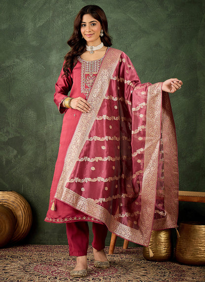 Viscose Rayon Pink Casual Wear Embroidery Work Readymade Kurti Pant With Dupatta 379664