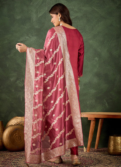 Viscose Rayon Pink Casual Wear Embroidery Work Readymade Kurti Pant With Dupatta 379664