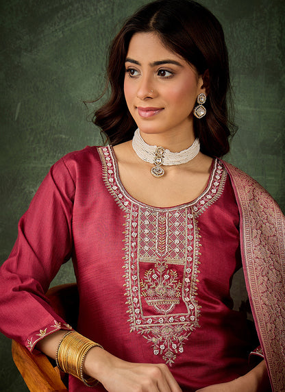 Viscose Rayon Pink Casual Wear Embroidery Work Readymade Kurti Pant With Dupatta 379664