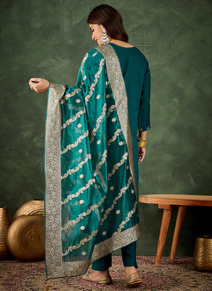 Viscose Rayon Teal Casual Wear Embroidery Work Readymade Kurti Pant With Dupatta 379665