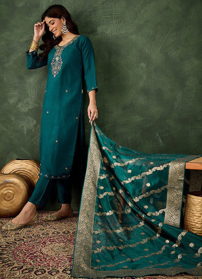 Viscose Rayon Teal Casual Wear Embroidery Work Readymade Kurti Pant With Dupatta 379665